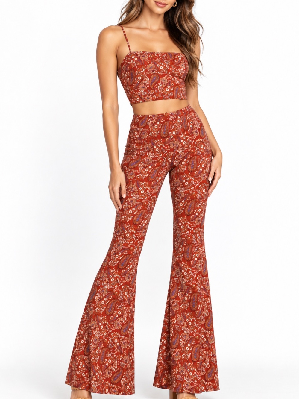 Windsor 2PC Set XS S Rust Paisley Crop Top Wide Leg Flare Pants 70s Halloween